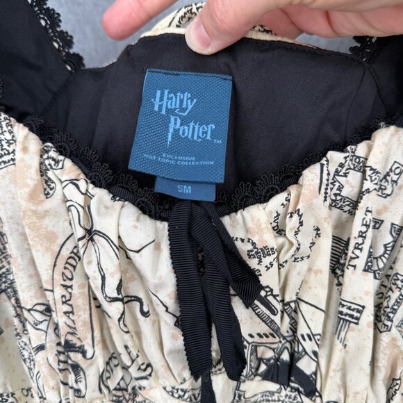 Harry Potter Marauders Map Dress Size S Black Cream Corset Sweetheart Milkmaid - Picture 9 of 15